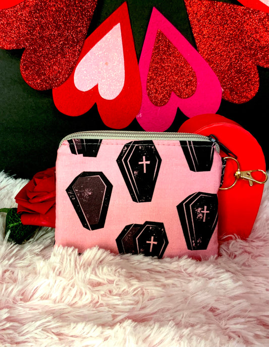 Coffin and pink mini zipper pouch